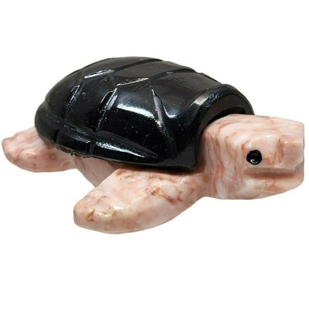 Turtle Figurine Small Pink Black Hand Carved Stone Sea Turtle Decor 5 inch